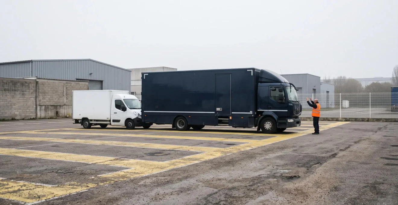 Un manœuvre guide un camion technique dans un large emplacement de stationnement d'une cour privée en petite couronne parisienne.