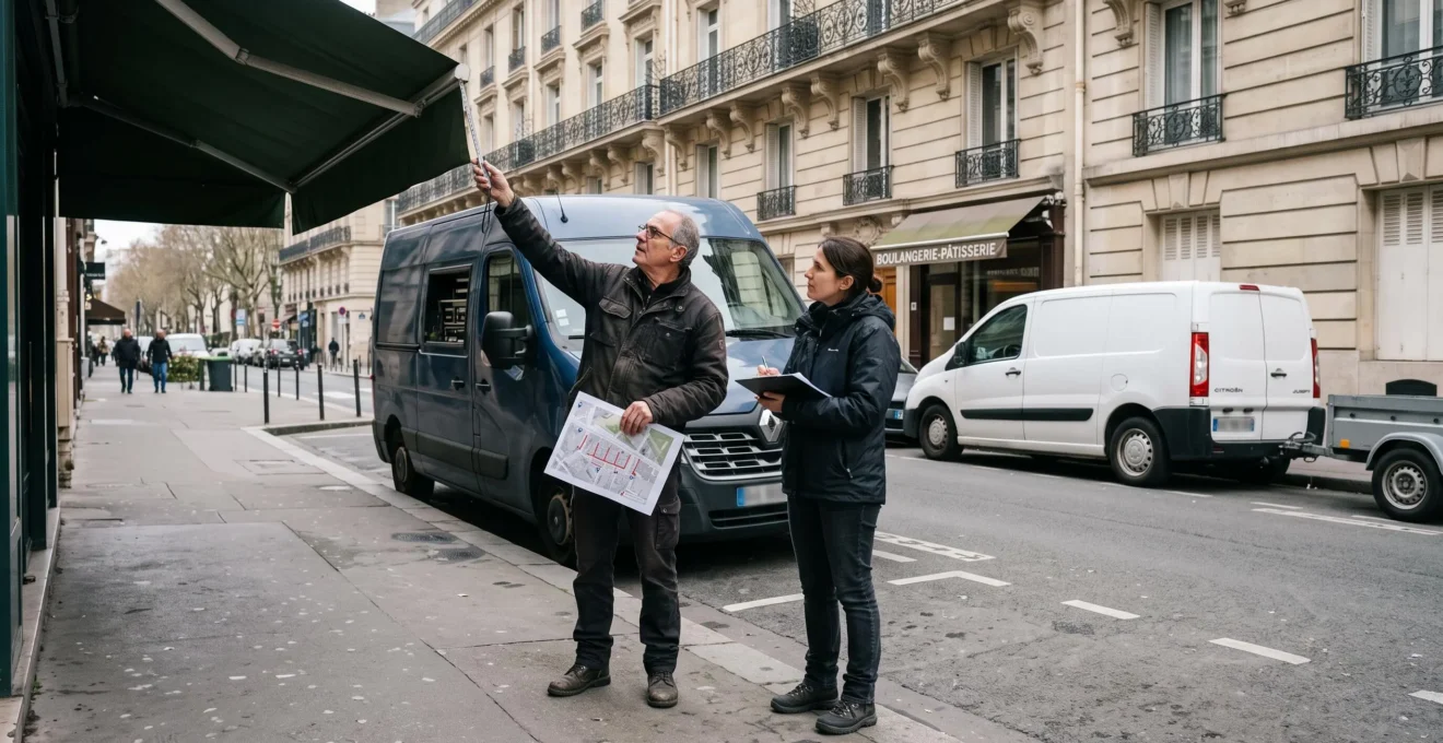 Un régisseur et un repéreur examinent un emplacement de stationnement devant un van technique garé dans une rue parisienne.