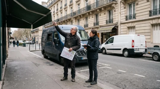 Un régisseur et un repéreur examinent un emplacement de stationnement devant un van technique garé dans une rue parisienne.