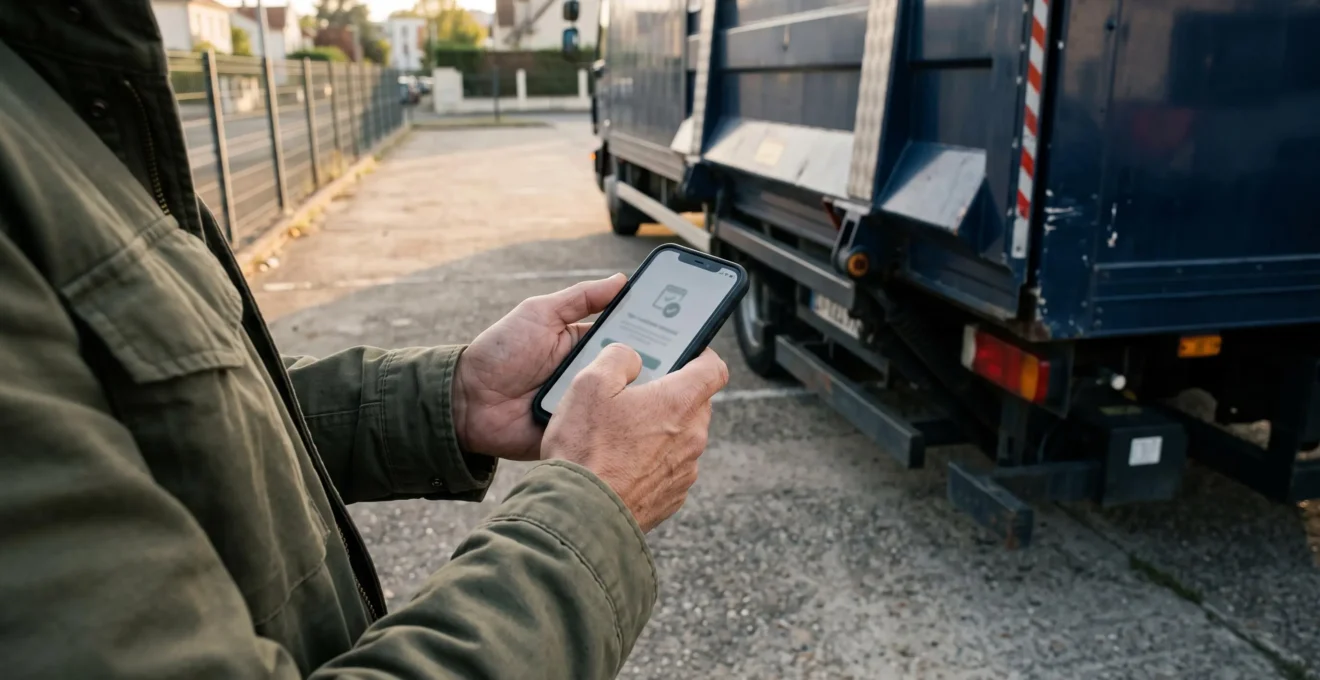 Un régisseur consulte une confirmation de réservation de stationnement sur son téléphone à côté d'un camion de production.